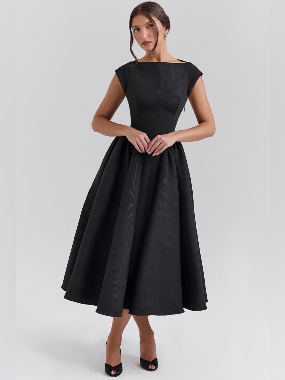House of CB Debutante Black Moire Satin Backless Midi Dress NWOT size L